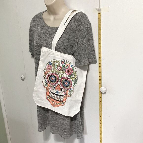 Hand-Painted Skull Canvas Tote Bag Neon Glow in the Dark 13.5 x 13 x 2.5 inches - Picture 3 of 14